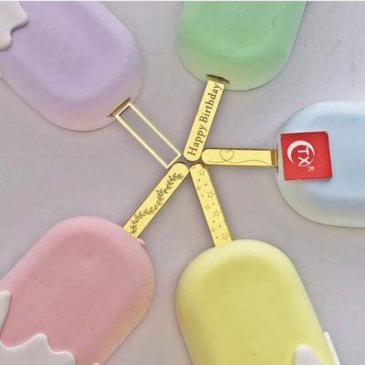 5pcs Shiny Gold Engraved Acrylic Ice Cream Sticks Happy Birthday Love Heart